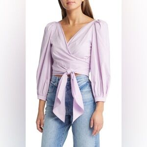WAYF‎ Jada Balloon Sleeve Wrap Crop Top In Lavender NWT small​​​​​​​​​